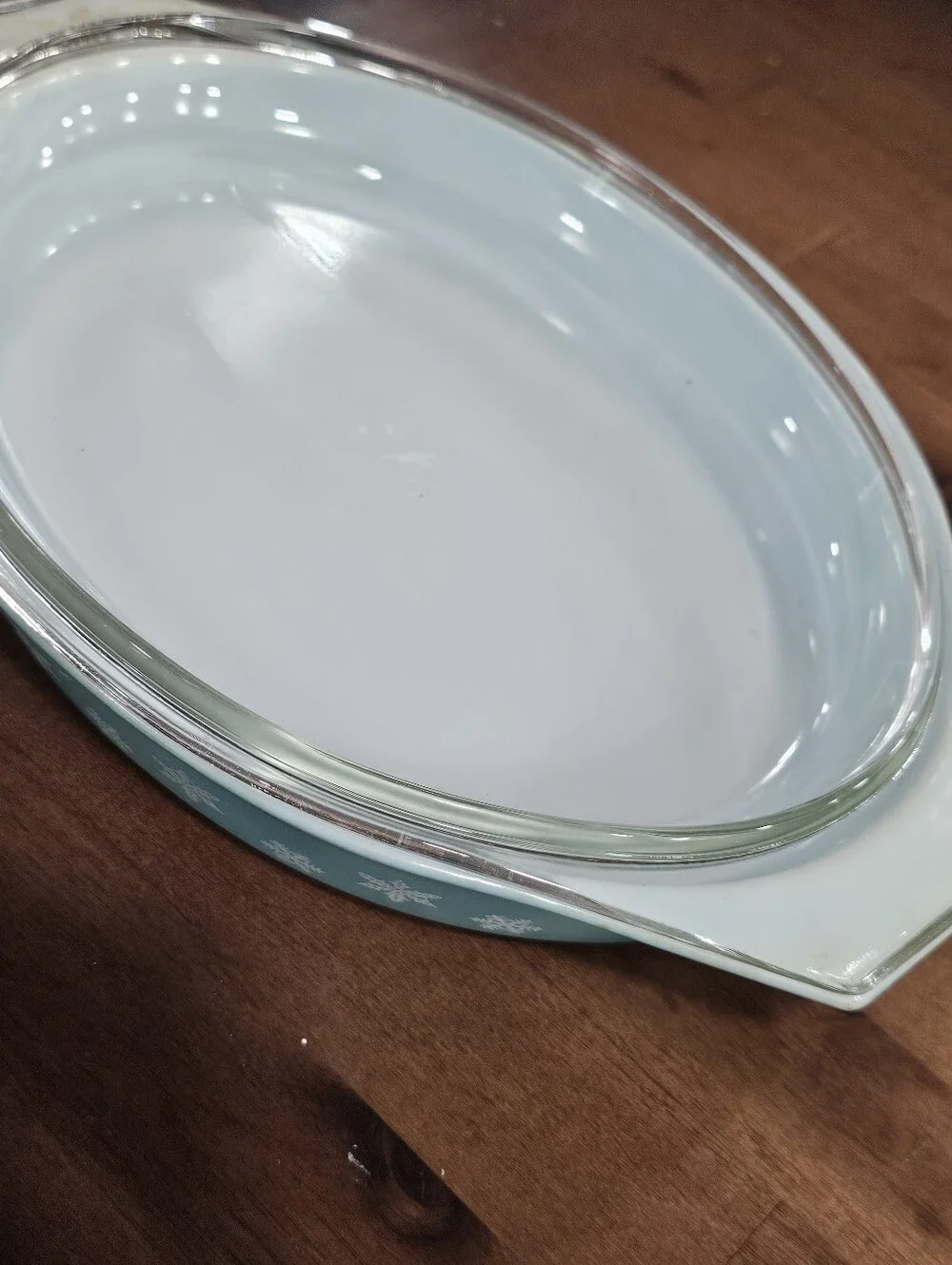 Vintage Pyrex Turquoise Snowflake Oval Casserole Dish Clear Glass Lid 1.5 Qt 043